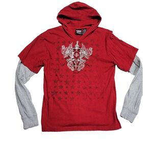 Point Zero Skull Sword Graphic Hooded Thermal-Sleeve Streetwear Red Shirt Men XL